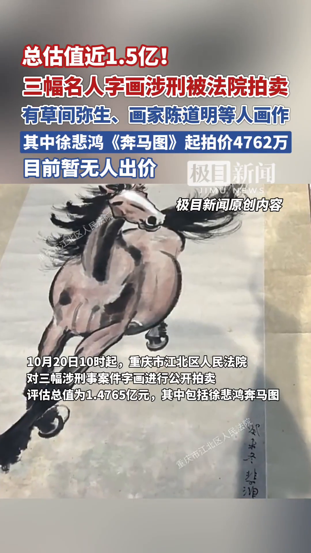 三幅名人字画涉刑被法院拍卖，其中徐悲鸿《奔马图》起拍价4762万，目前