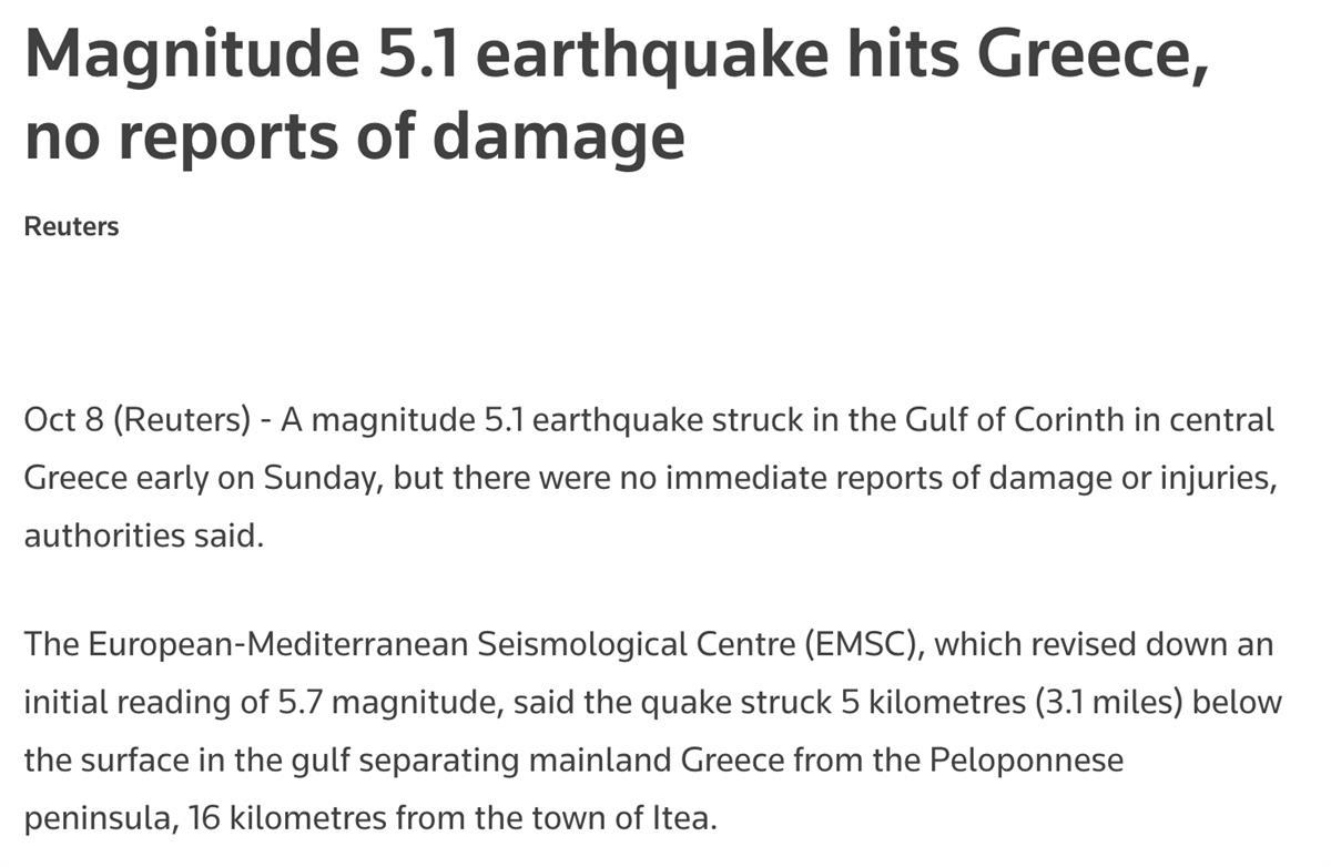 希腊中部发生5.1级地震，115公里外的雅典也有震感