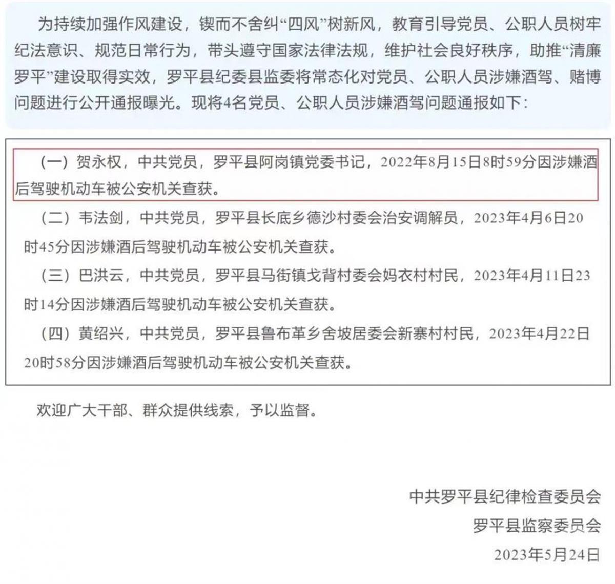 5月24日，罗平县纪委监委通报贺永权酒驾违纪事件。图片来源：罗平县纪委监委.jpg