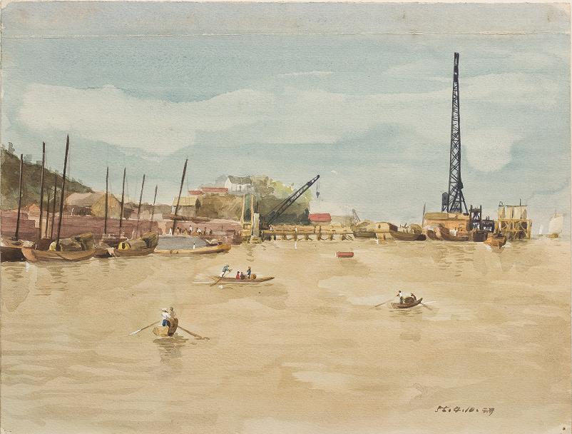 严云开《江面施工》纸上水彩  68.22cm×29cm 1955年4月10日 湖北美术馆藏.jpg