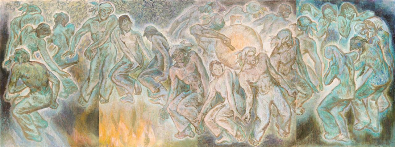 1-2 .唐小禾、程犁《生命的归宿和起点之舞—跳丧·摆手》布面油画 185cm×500cm×2，1983年，湖北美术馆藏.jpg