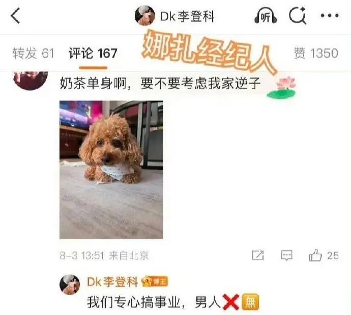 女星娜扎经纪人回复粉丝“我们专心搞事业”，被认为暗示娜扎与张云龙分手，经纪人澄清“我在说我家狗，别指鹿为马了”