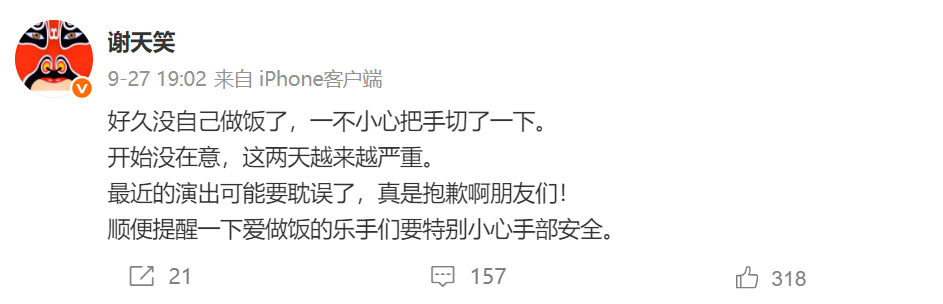 摇滚歌手因做饭时切到手，导致缺席音乐节，音乐节发文致歉