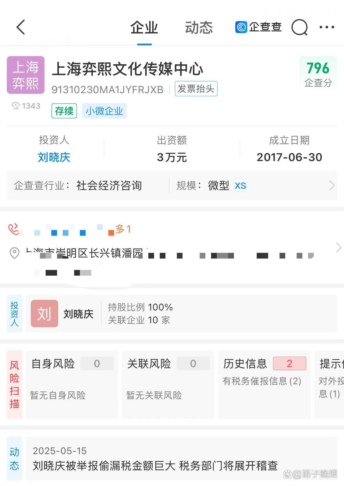 博主举报刘晓庆偷漏税，指其避税公司出资额3万