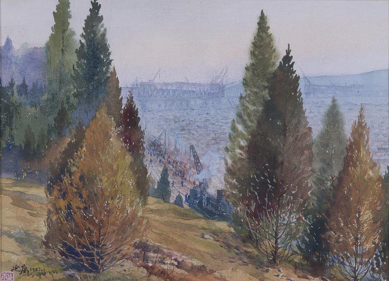 钱延康《长江大桥合拢》水彩 26cm×36cm 1957年 湖北美术馆藏.jpg