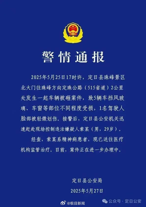 西藏警方通报车辆被砸案件：29岁违法嫌疑人系精神病患者