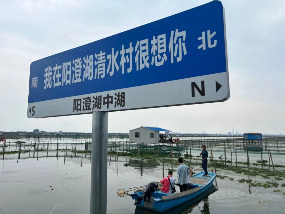 9月26日，阳澄湖上立着一块网红路牌，不远处是短视频和直播团队。新京报记者 杜寒三 摄