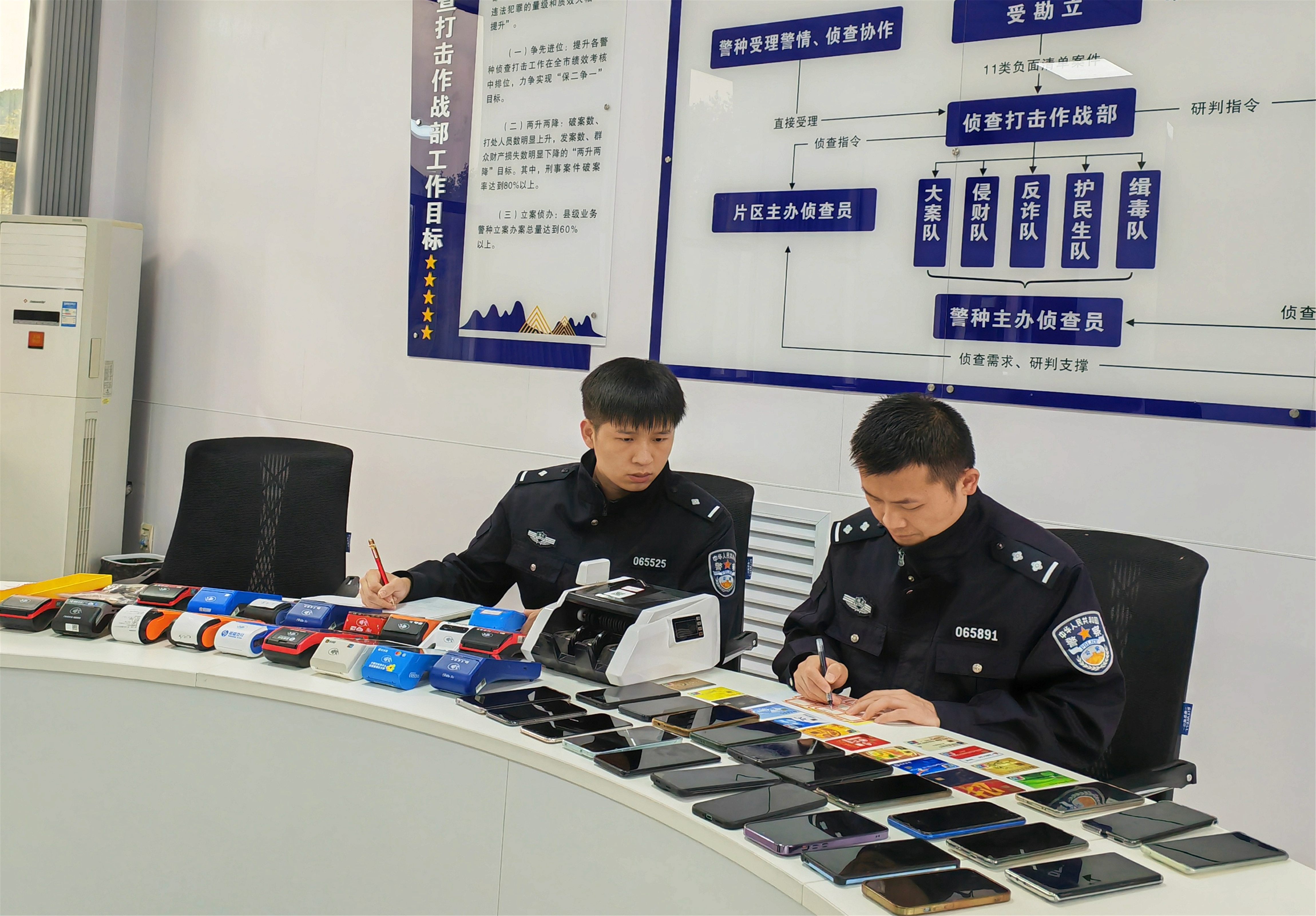 保康民警在清点网络诈骗作案工具