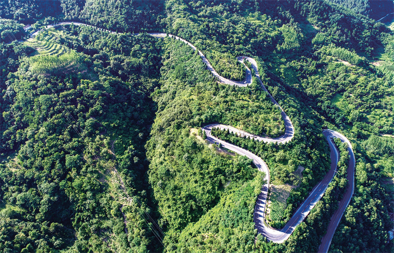 图为层峦叠嶂间，弯弯曲曲的盘山路犹如巨龙蜿蜒盘旋。 郧轩文摄