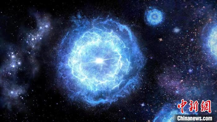 第一代超大质量恒星演化成为“对不稳定超新星”的艺术展示图。　中科院国家天文台 供图