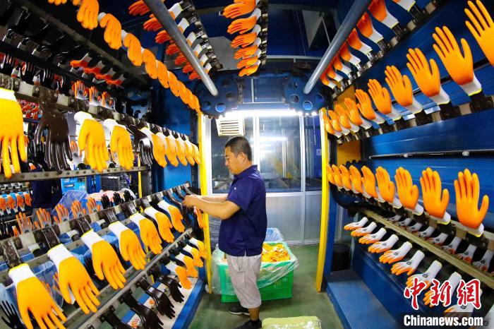 6月17日，在山东高密一家劳保手套生产企业，工人在生产线上忙碌。　张进刚 摄