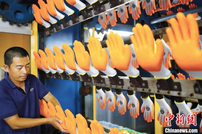 6月17日，在山东高密一家劳保手套生产企业，工人在生产线上忙碌。　张进刚 摄