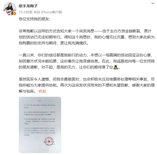 歌手龙梅子发文道歉：因主办方资金链断裂取消演唱会，曾演唱《有钱没钱回家过年》《都说》