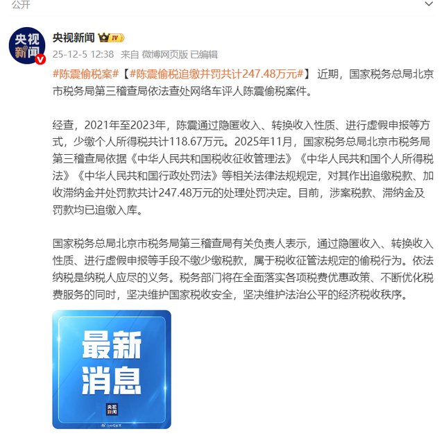 陈震偷税被追缴并罚款共计247.48万元