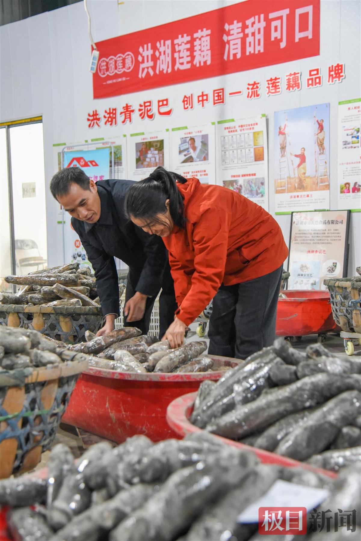 王文娟和丈夫杨晶在车间检查分类覆膜的莲藕（极目新闻记者 黄志刚 摄）.jpg