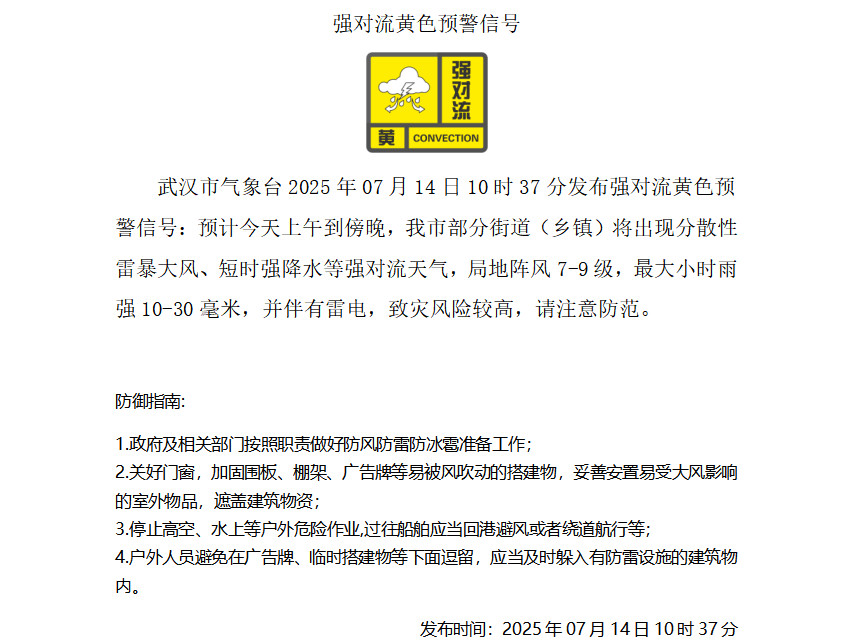 武汉发布黄色强对流预警，局地阵风将达7-9级