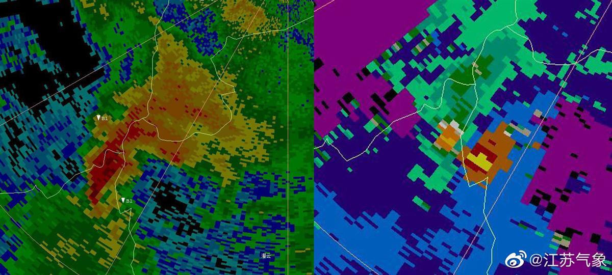 宿迁沭阳出现龙卷典型特征:勾状回波(左)和强速度对(右)(来源江苏气象