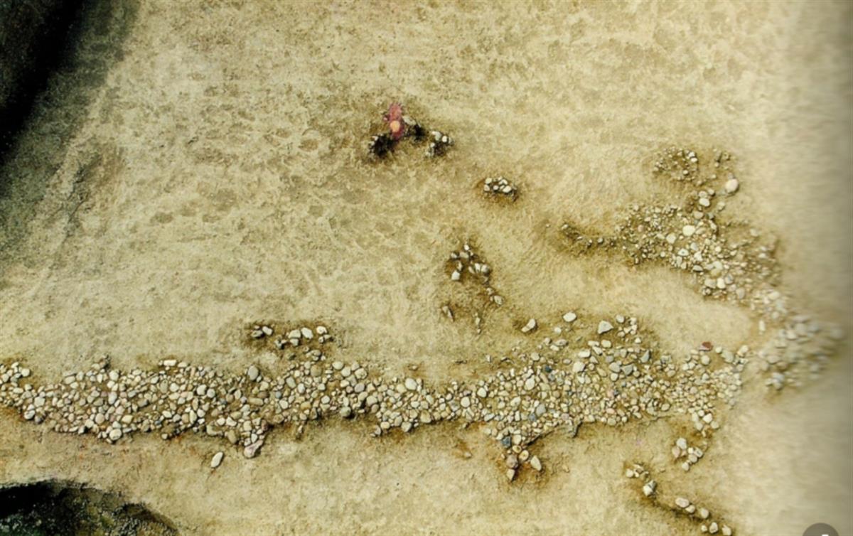 焦墩卵石摆塑龙，新石器时代。文物被誉为“长江流域第一龙”，现藏于湖北省博物馆。