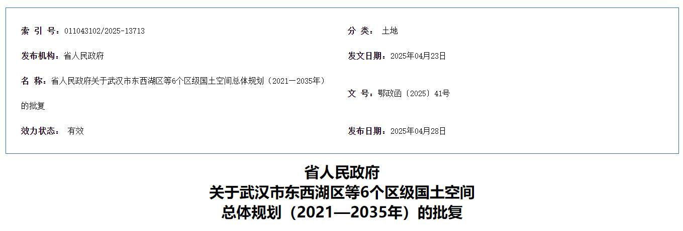 武汉市六区国土空间总体规划（2021—2035 年）获省政府批复