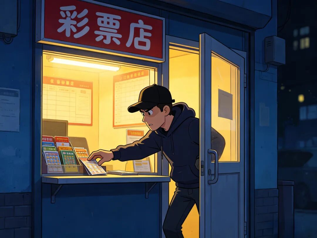 卡通风格深夜潜入彩票店偷拿彩票的男子_副本.jpg