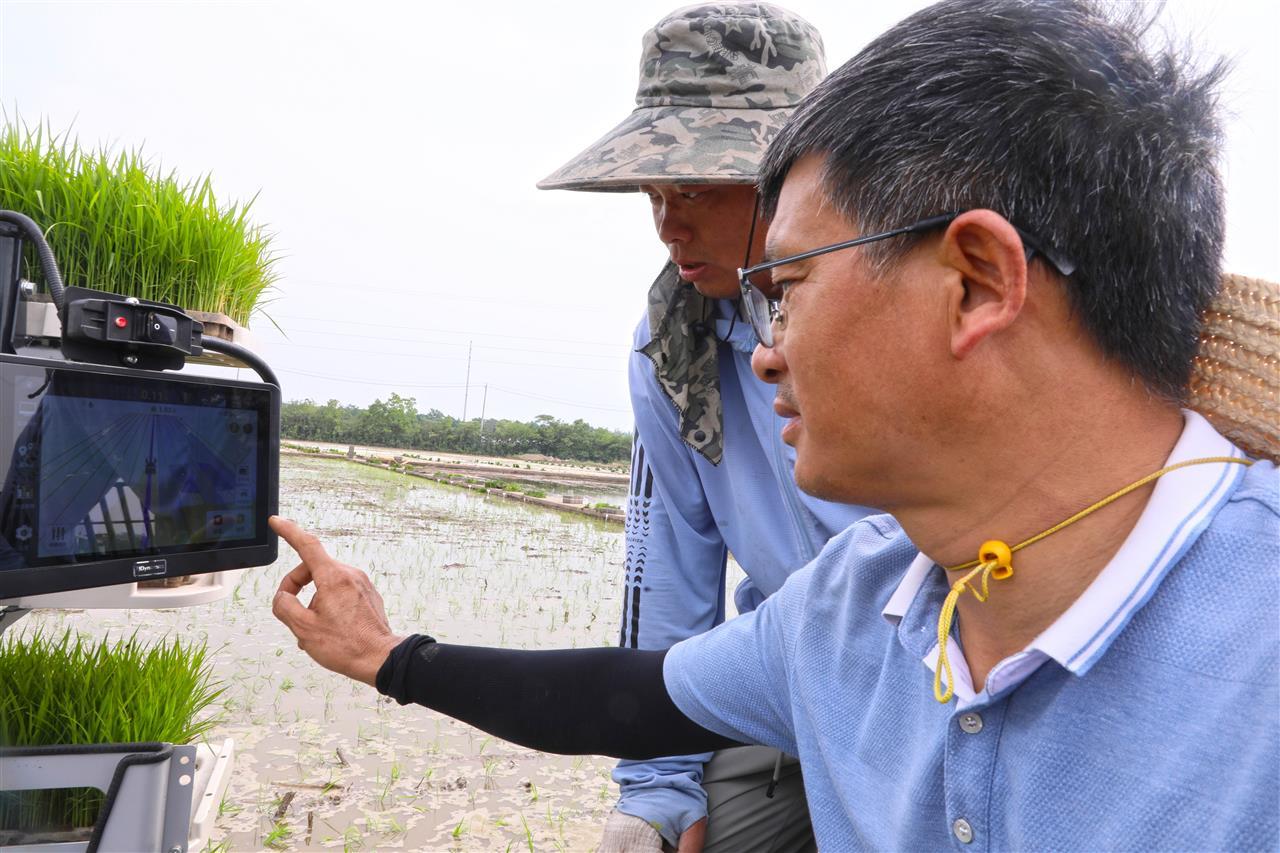 工作人员通过北斗导航系统规划插秧“线路”“密度”。.jpg
