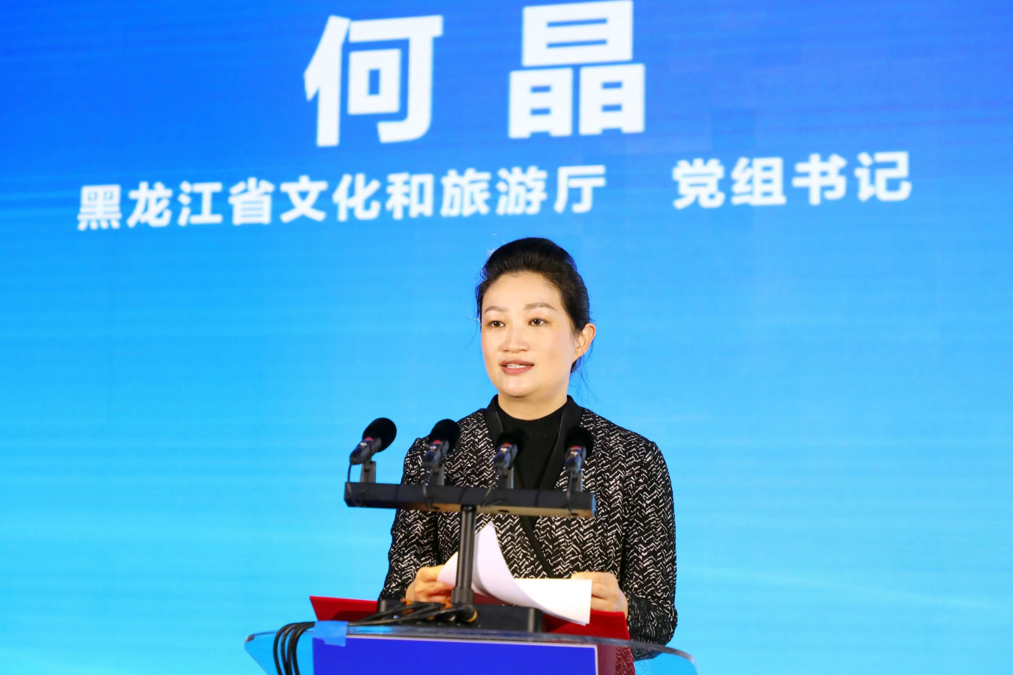 黑龙江省文化和旅游厅党组书记何晶致欢迎辞:"北国风光,千里冰封,万里